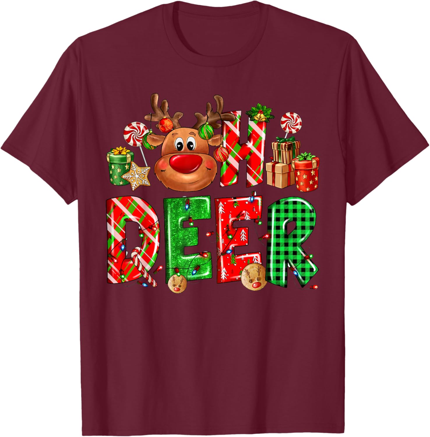 Oh deer Reindeer Merry Christmas Happy New Year T-Shirt - T-Shirt | Maroon