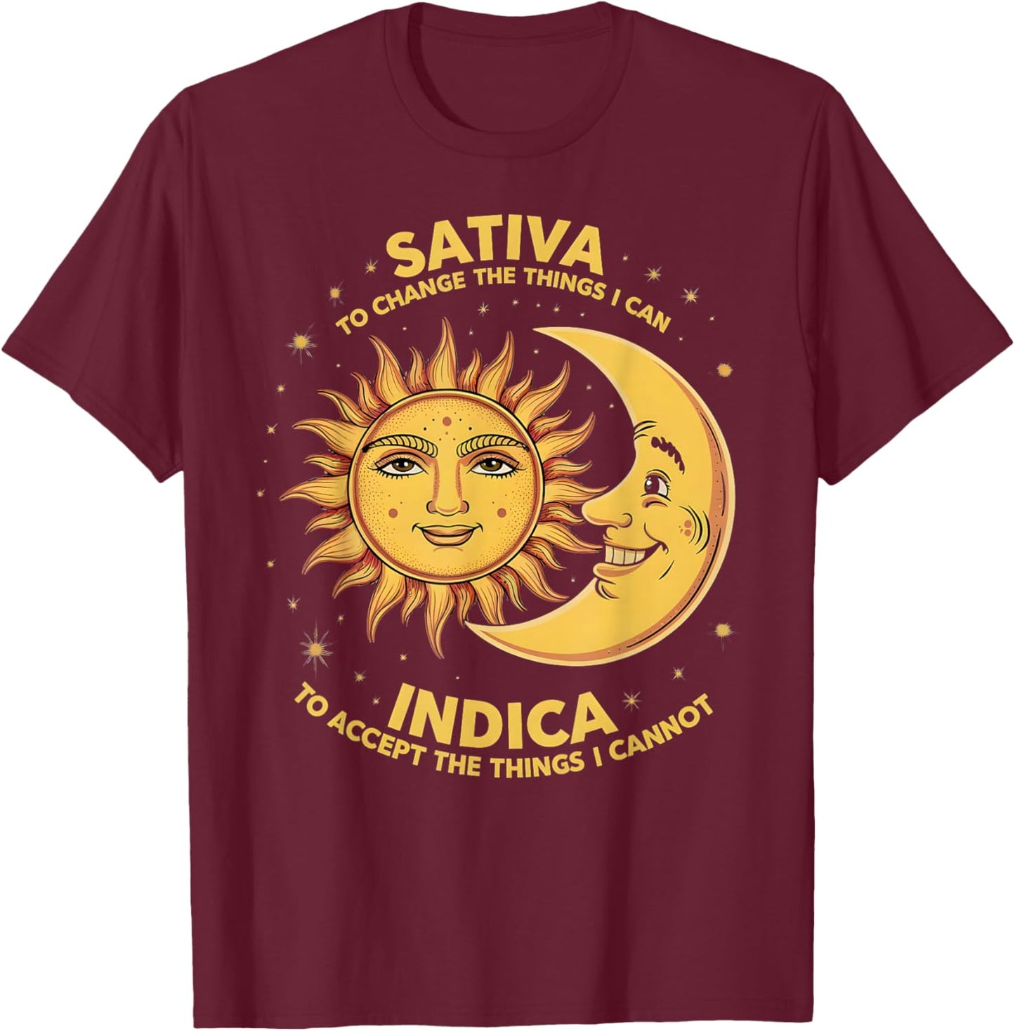 Cosmic Harmony Botanical Balance Mindset Sativa To Change Things Indica To Accept Things , Small, Black T-Shirt - T-Shirt | Maroon