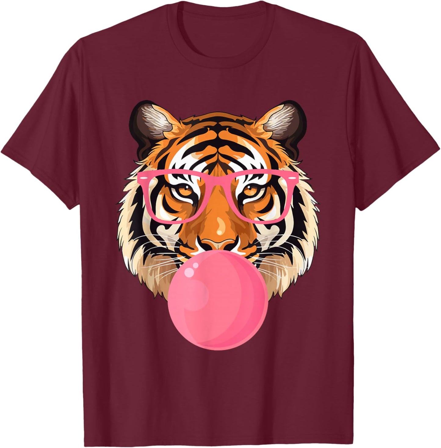Funny Tiger Glasses Blowing Bubble Gum Cute Tiger Face T-Shirt - T-Shirt | Maroon