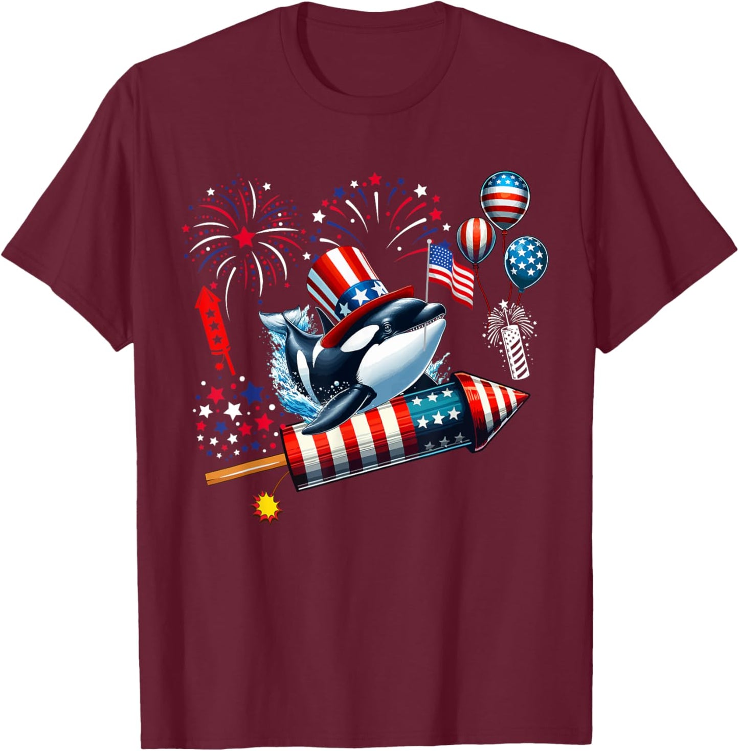 Orca Riding Firecracker US Flag 4th Of July Fireworks T-Shirt - T-Shirt | Maroon