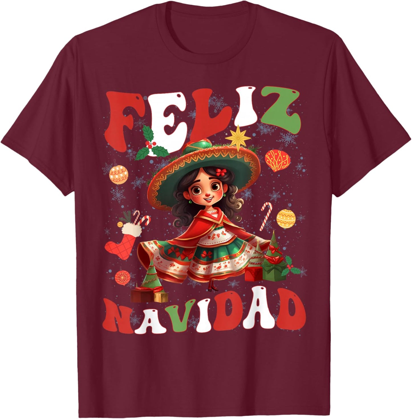 Girls Vintage Feliz Navidad Retro Christmas Spanish Xmas T-Shirt - T-Shirt | Maroon