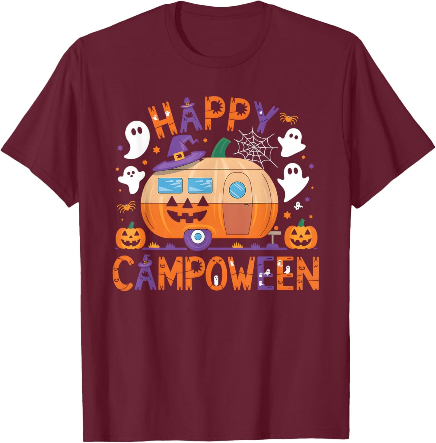 Happy Camp-O-Ween Halloween Camping Ghosts and Campfires T-Shirt - T-Shirt | Maroon