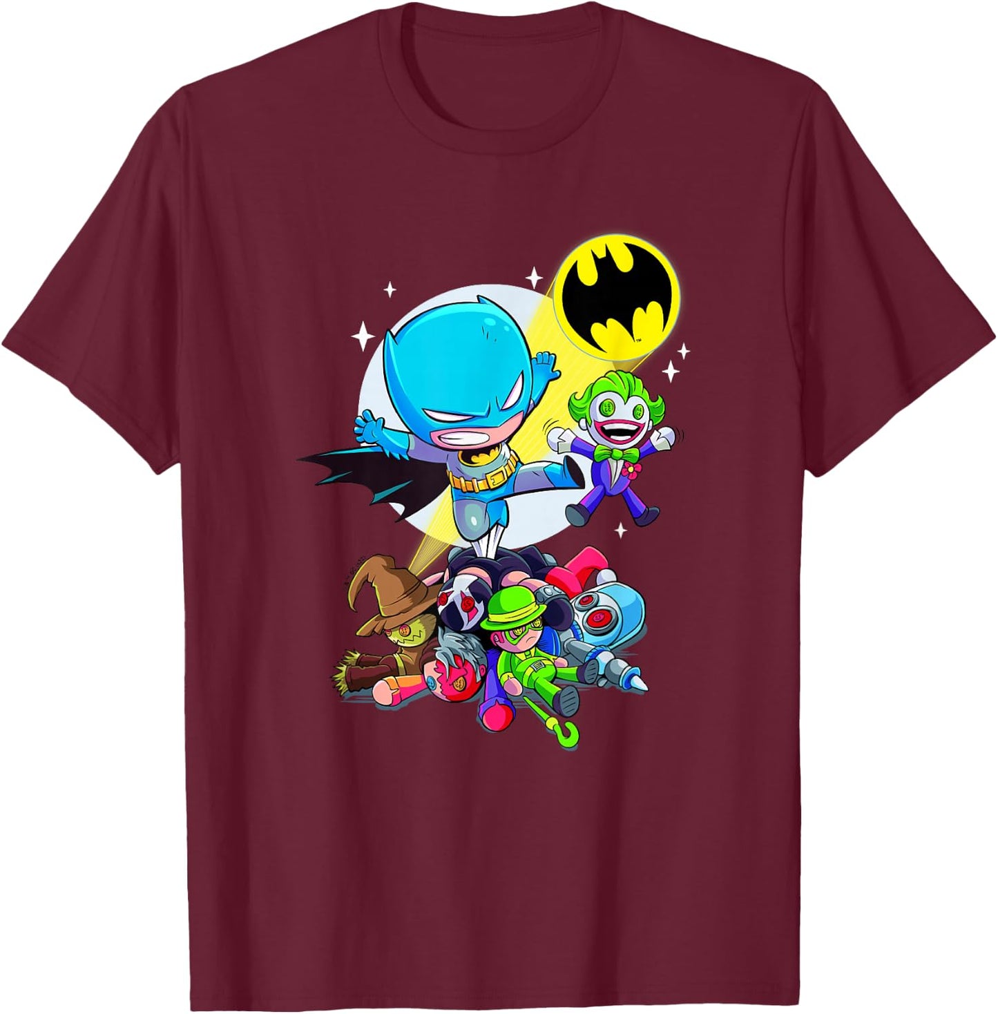 DC Super Friends Batman Defeats The Villains T-Shirt - T-Shirt | Maroon