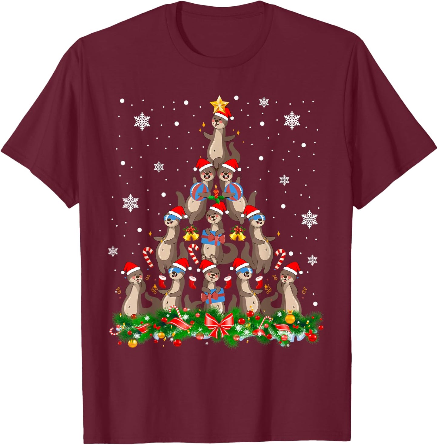 Santa ELF Reindeer Otter Christmas Tree T-Shirt - T-Shirt | Maroon