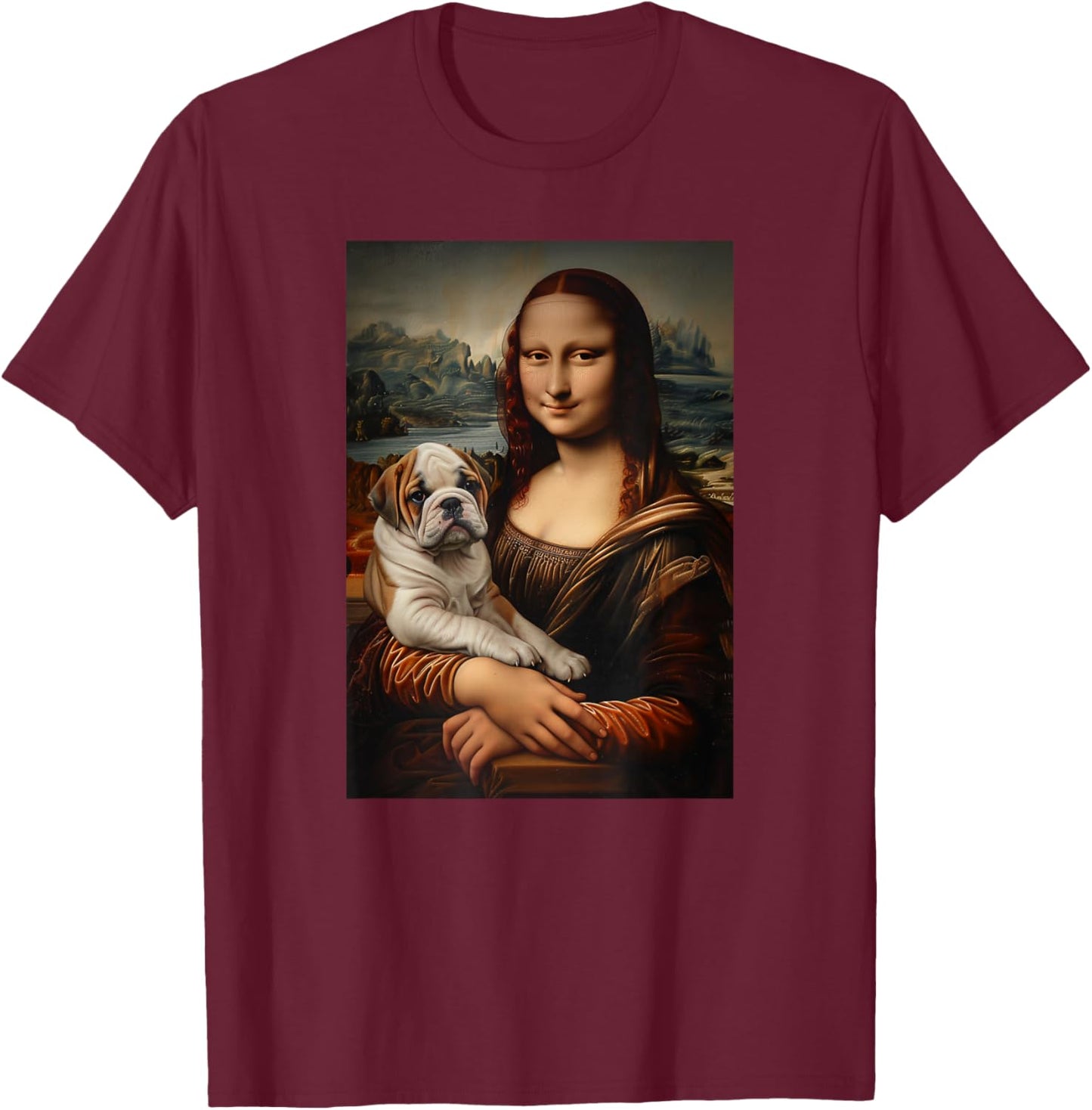 English Bulldog Mona Lisa Painting Art Dog Mom Dad Women Girls Kids T-Shirt - T-Shirt | Maroon