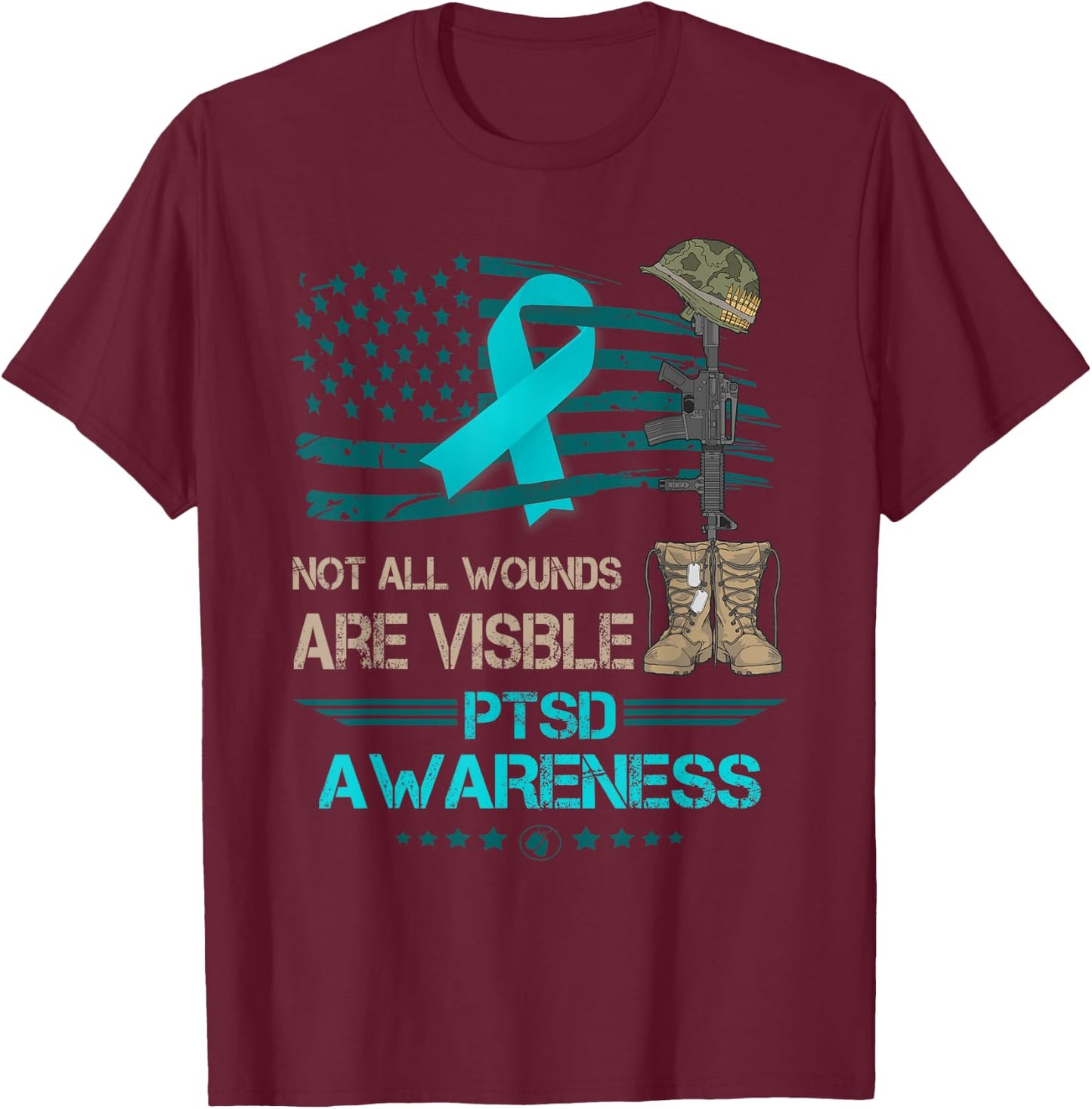 Patriotic Military PTSD Awareness Veterans Suuport T-Shirt - T-Shirt | Maroon