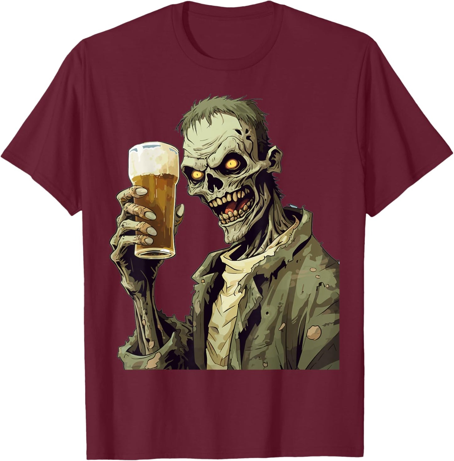 Halloween Zombie Drinking Beer T-Shirt - T-Shirt | Maroon