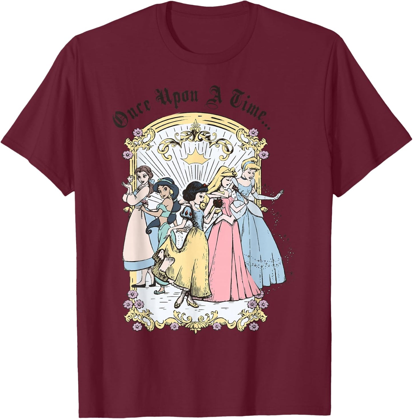 Disney Princess Once Upon A Time Vintage Cartoon , White, Small T-Shirt - T-Shirt | Maroon