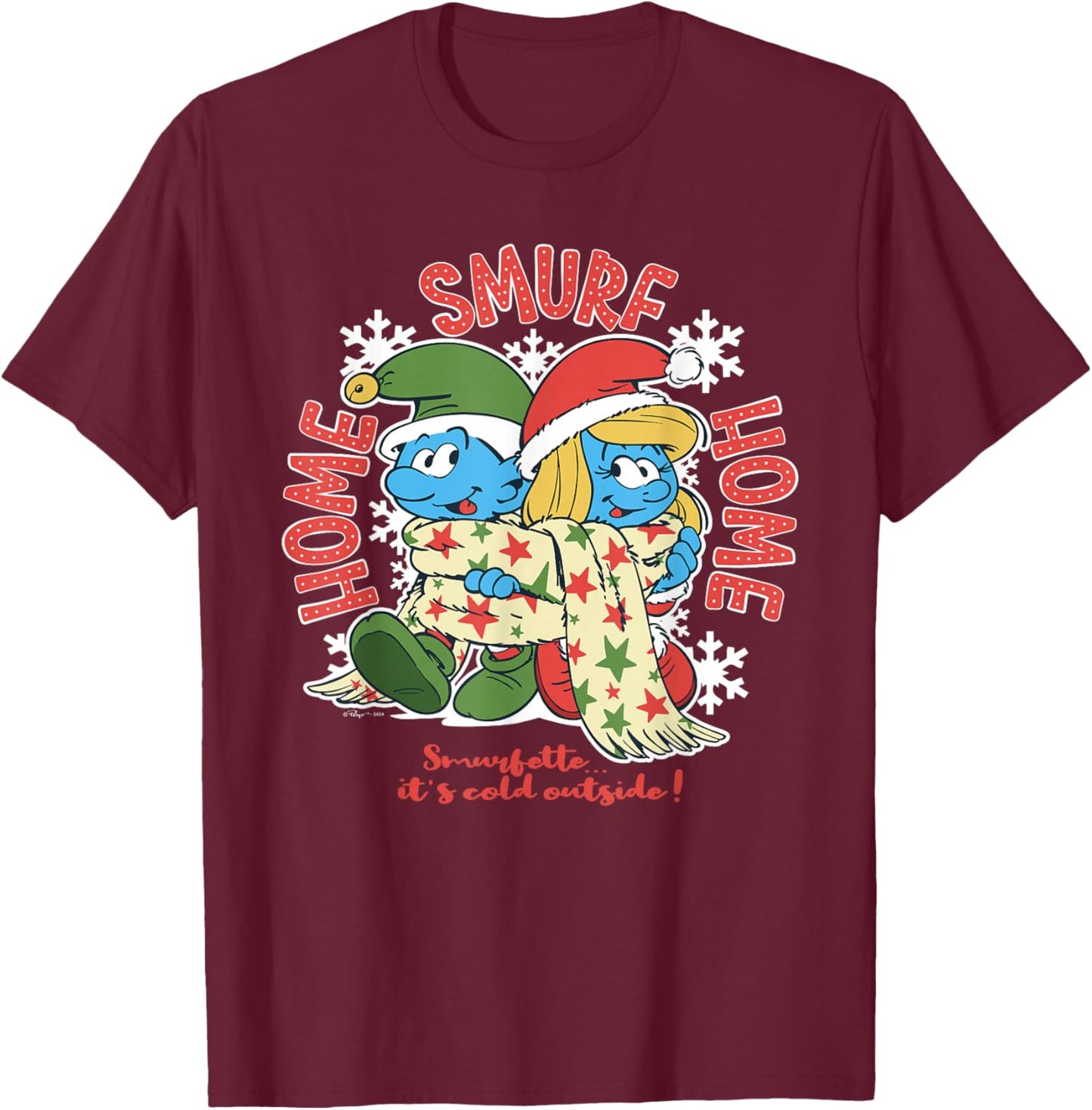 The Smurfs Home Smurf Home, Christmas With Smurfette T-Shirt - T-Shirt | Maroon