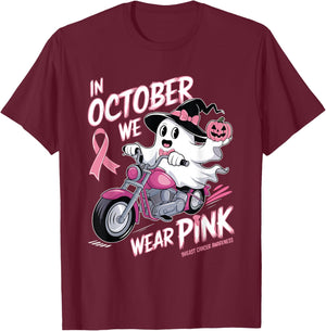 In October We Wear Pink Ghost Riding Motorcycle Halloween T-Shirt - T-Shirt | Maroon