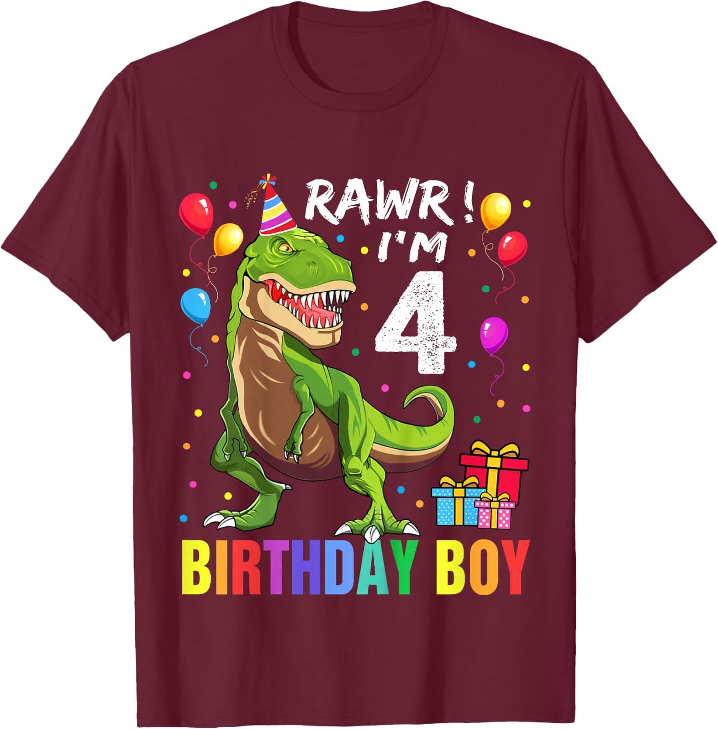 Kids 4 Year Old 4th Birthday Boy T Rex Dinosaur T-Shirt - T-Shirt | Maroon