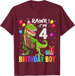 Kids 4 Year Old 4th Birthday Boy T Rex Dinosaur T-Shirt - T-Shirt | Maroon