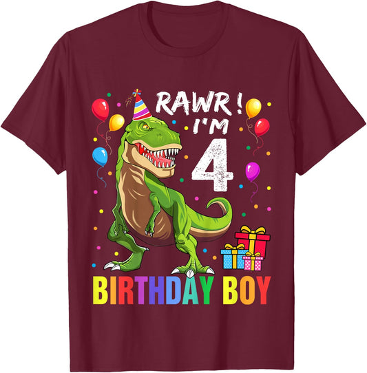Kids 4 Year Old 4th Birthday Boy T Rex Dinosaur T-Shirt - T-Shirt | Maroon