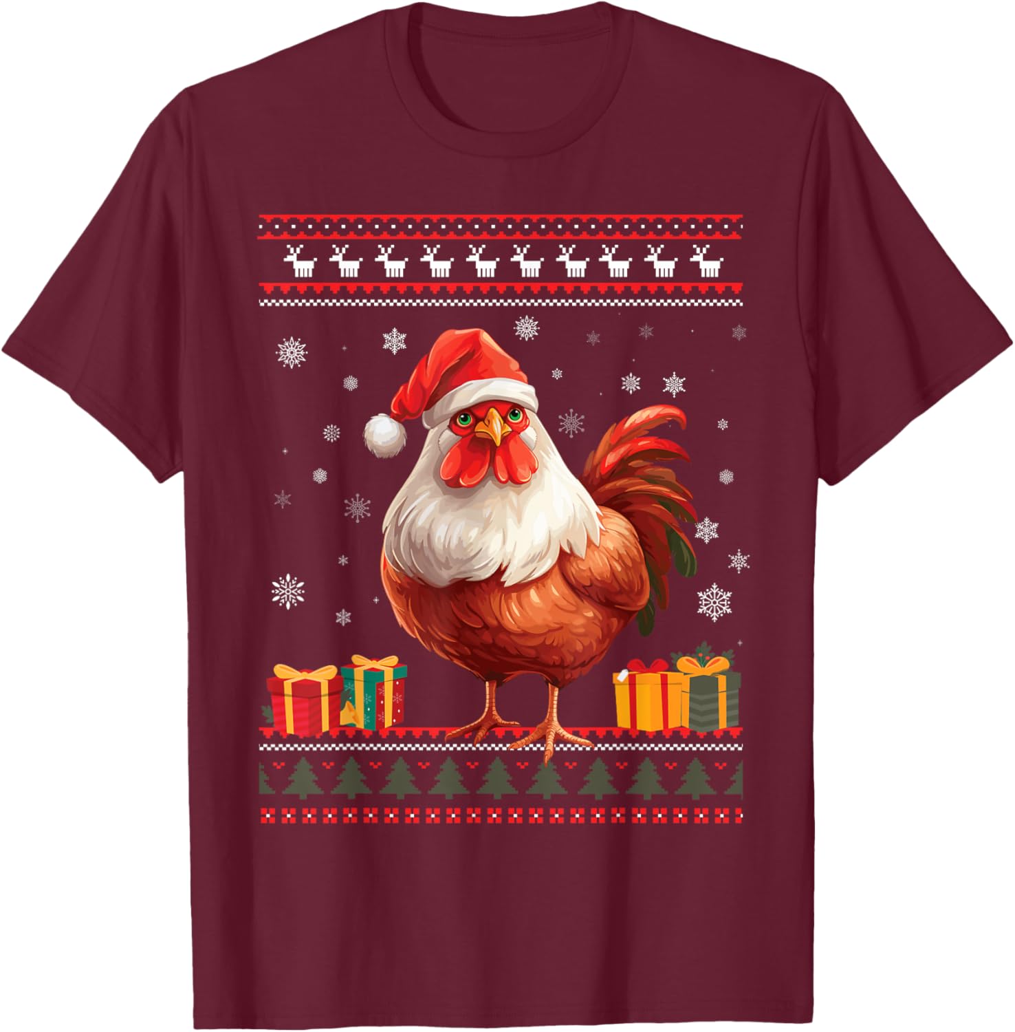 Christmas Chicken Santa Hat Men Women Ugly Christmas Sweater T-Shirt - T-Shirt | Maroon
