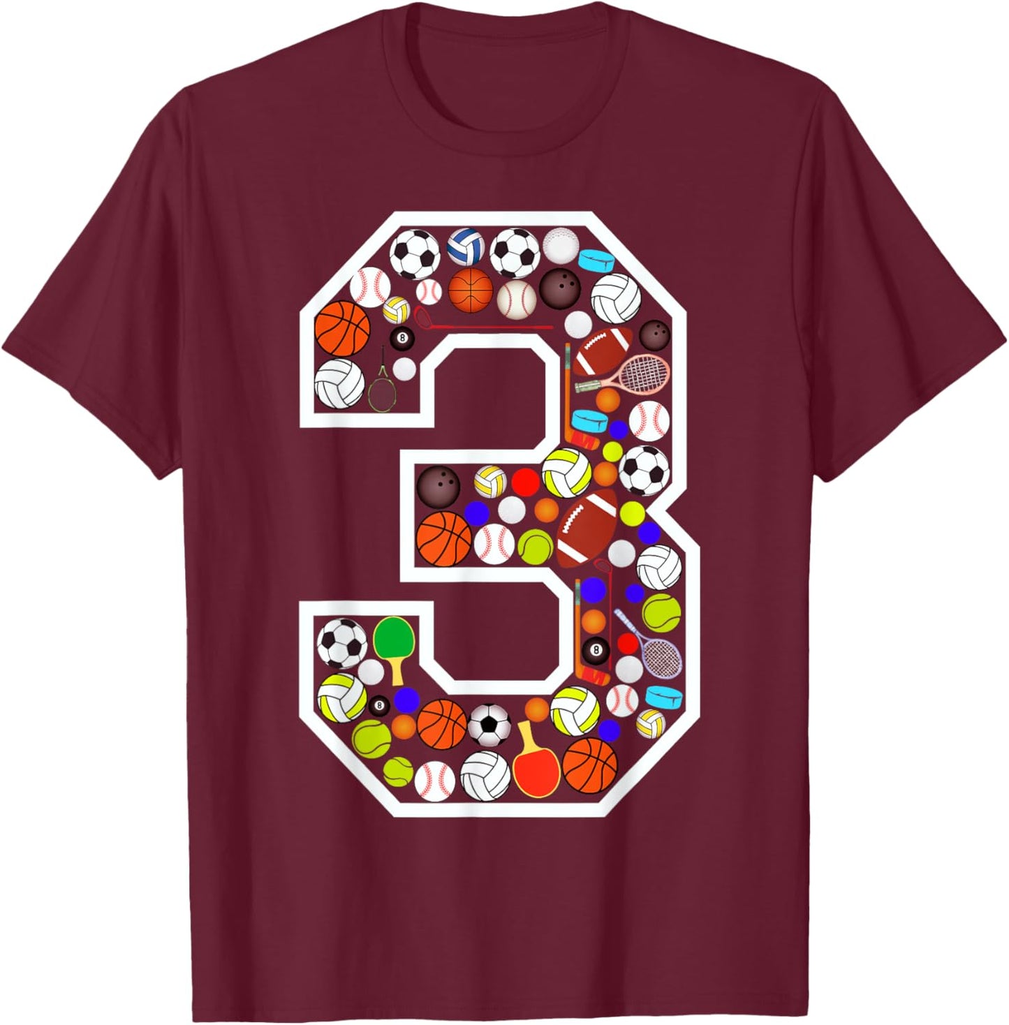 Kids 3rd Birthday Sports Big Number Three 3 Year Old Boy T-Shirt - T-Shirt | Maroon