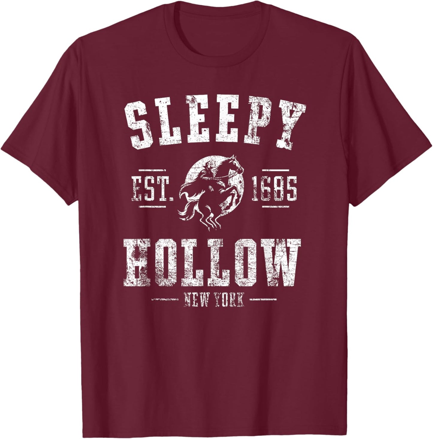 Sleepy Hollow New York Est. 1685 Horseman Distressed Print T-Shirt - T-Shirt | Maroon