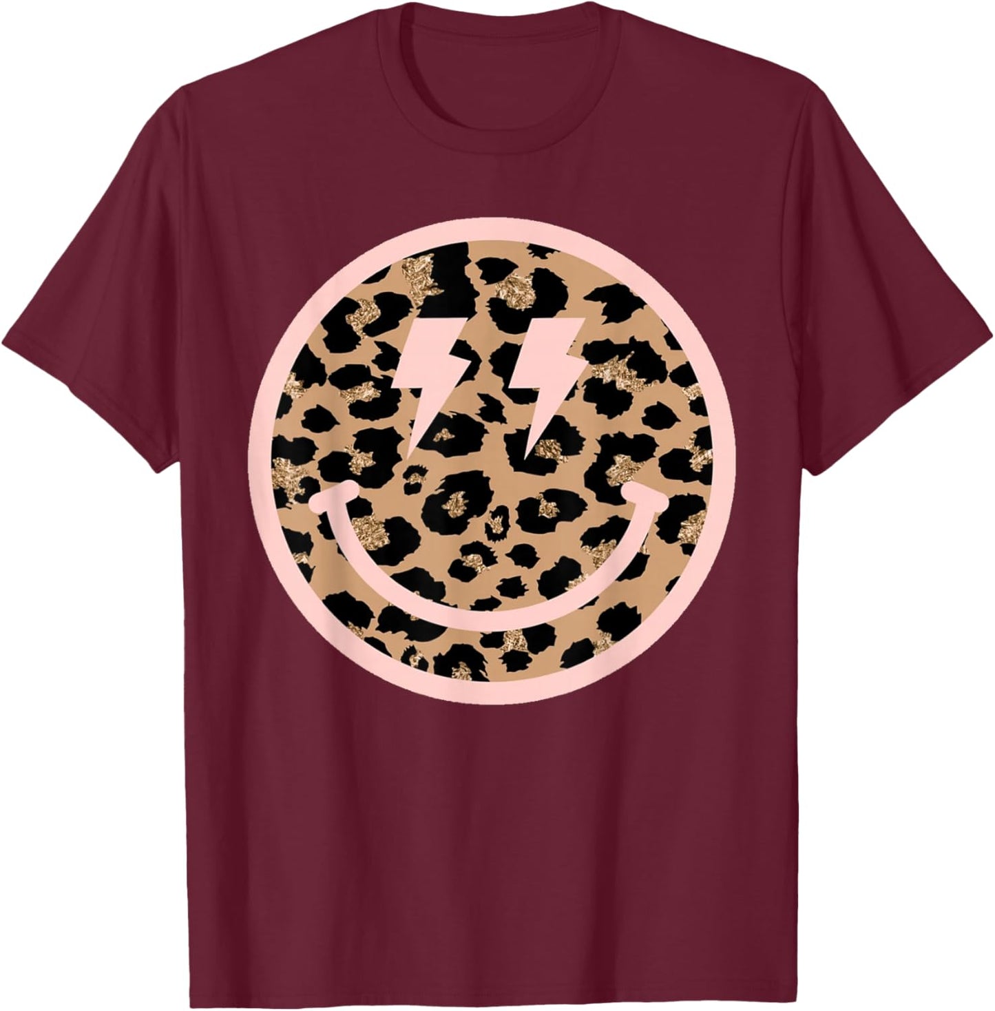 Leopard Smile Face Shirt Lightning Bolt Eyes Happy Face T-Shirt - T-Shirt | Maroon