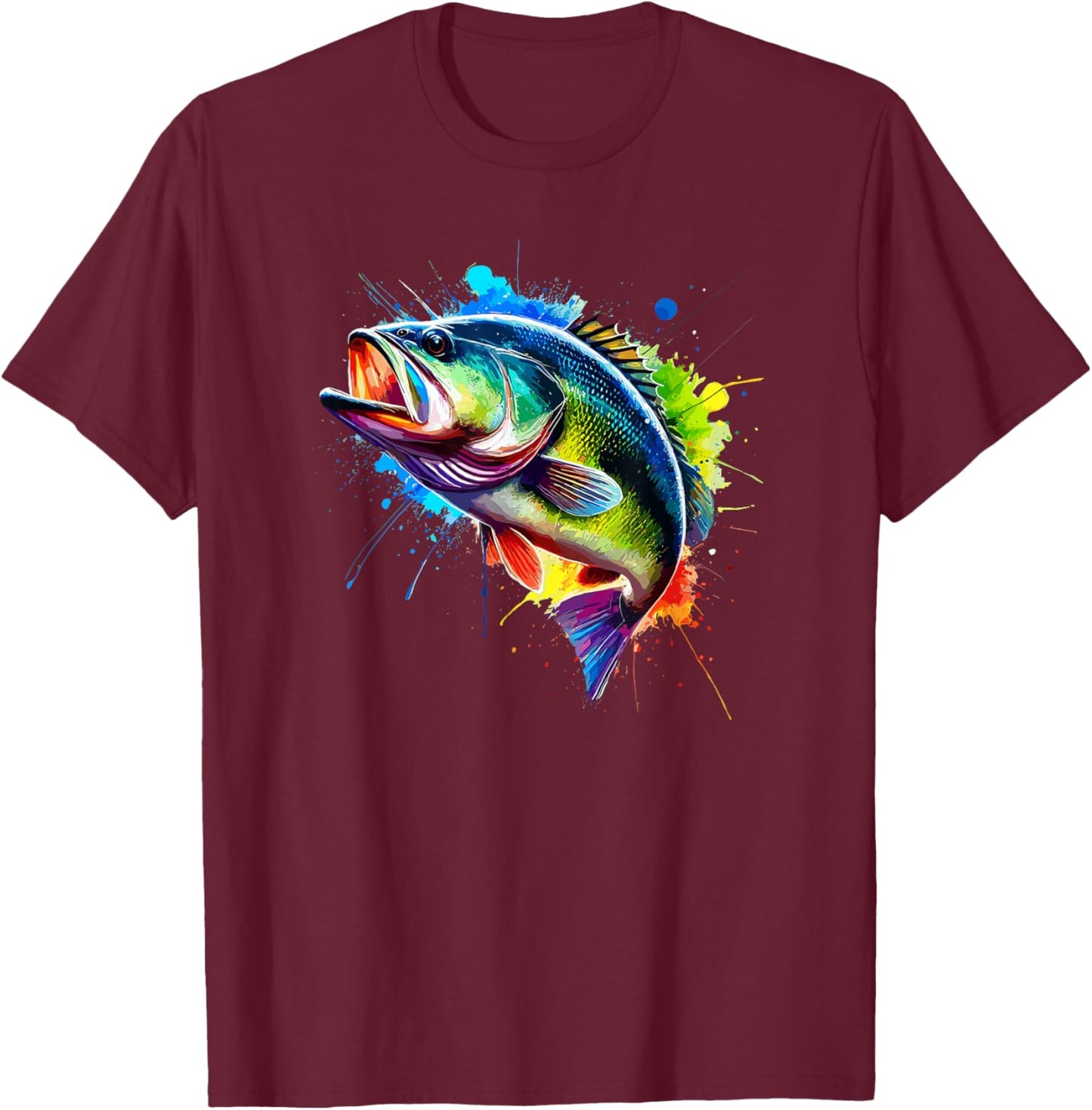 Colorful Splash Art Bass Fish T-Shirt - T-Shirt | Maroon
