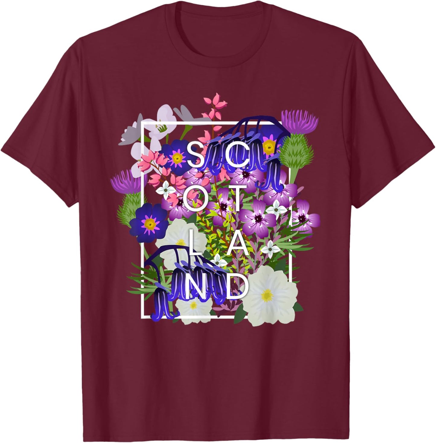 Flowers of Scotland Word Art - Scottish Pride T-Shirt - T-Shirt | Maroon