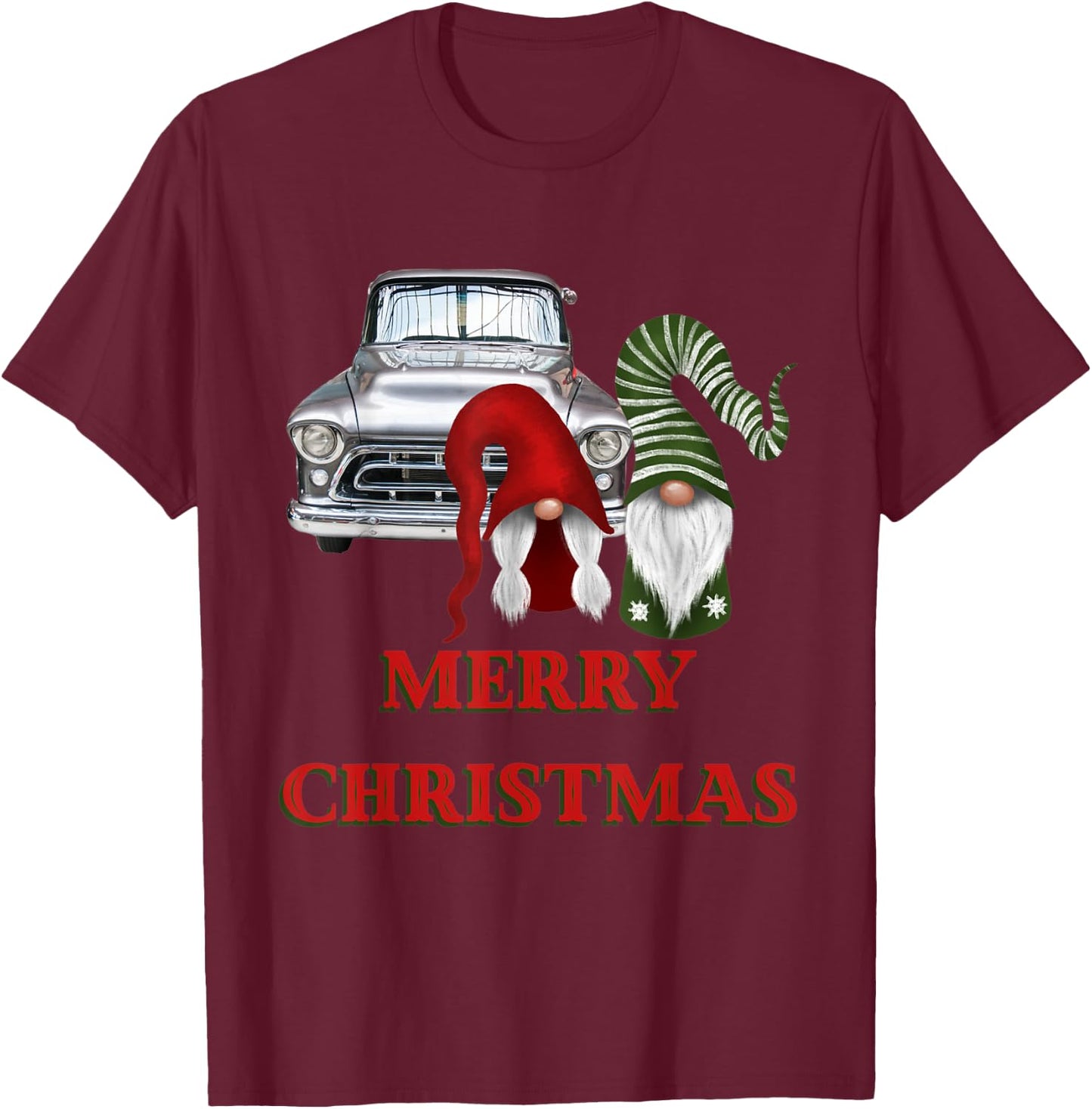 Merry Gnome Couple Old Pickup Truck Christmas Hotrod Holiday T-Shirt - T-Shirt | Maroon