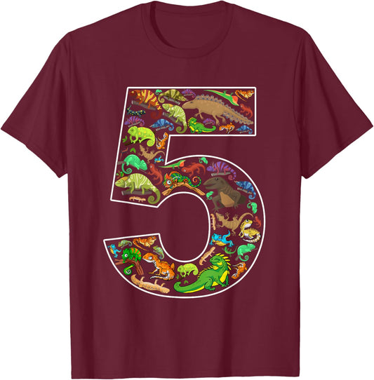 5th Birthday Reptile Theme 5 Year Old Birthday Boy Girl T-Shirt - T-Shirt | Maroon