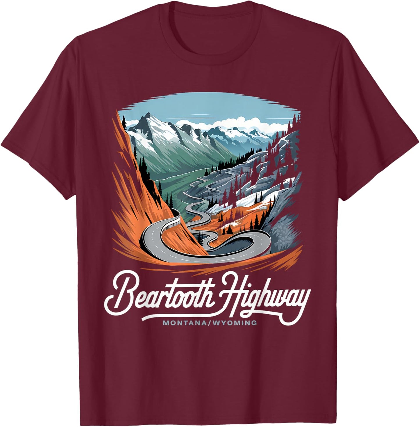 Beartooth Highway Montana Wyoming Mountains Winding Road T-Shirt - T-Shirt | Maroon