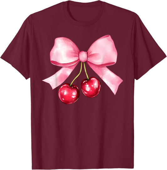Pink Coquette Bow Cherry Birthday Cute Women Kids Girls T-Shirt - T-Shirt | Maroon