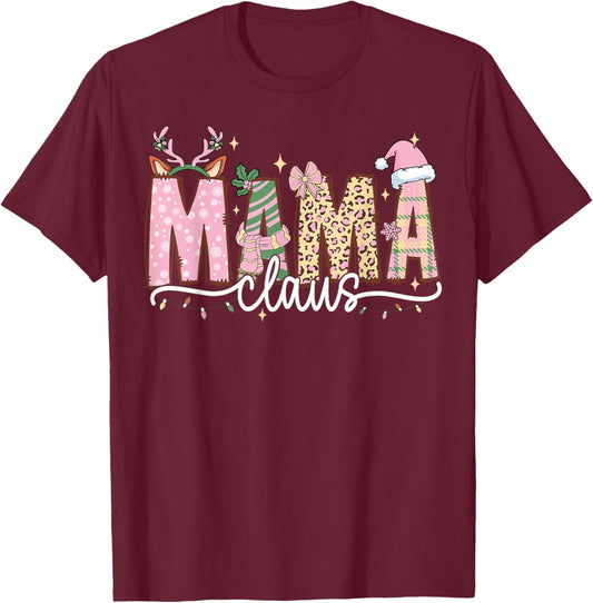 Mama Claus Retro Leopard Pink Christmas Reindeer Xmas Lights T-Shirt - T-Shirt | Maroon