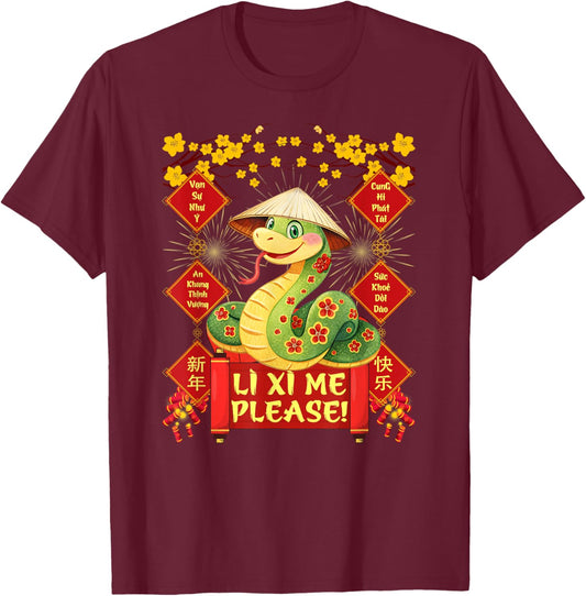 Li Xi Me Please Happy Tet Chuc Mung Nam Moi 2025 Adults Kids Black Small T-Shirt - T-Shirt | Maroon