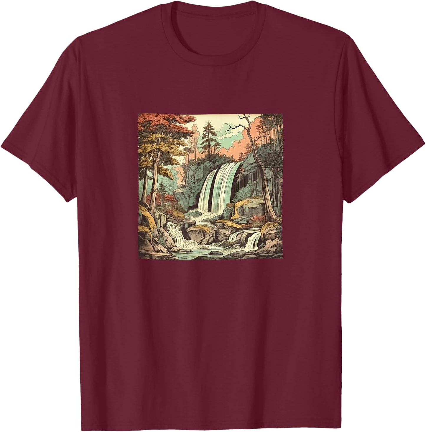 Waterfall In A Forest Vintage Landscape Graphic T-Shirt - T-Shirt | Maroon