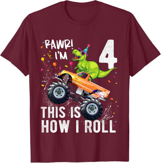 T Rex Dinosaur Monster Truck 4th Birthday Boys and Girls T-Shirt - T-Shirt | Maroon