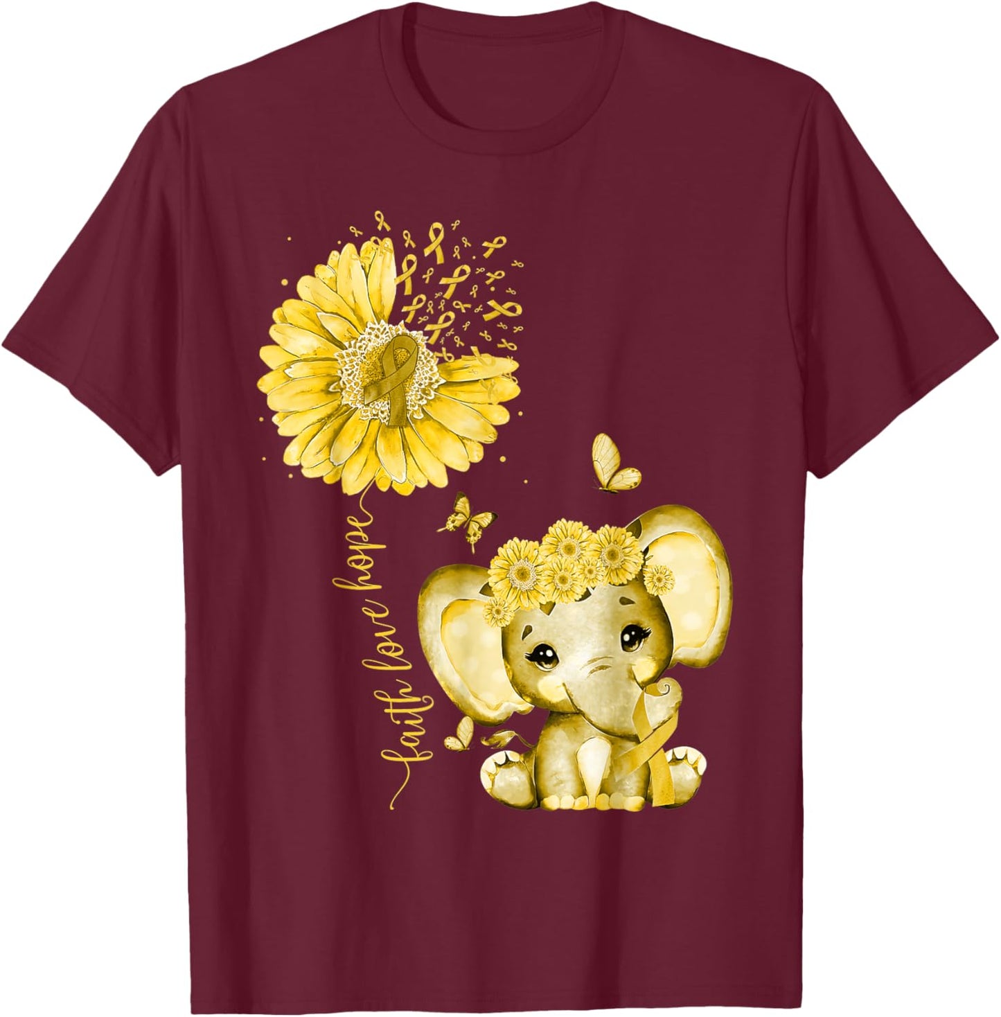 Childhood Cancer Cute Elephant With Sunflower Gold Ribbon T-Shirt - T-Shirt | Maroon