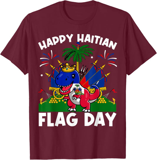 Haitian Flag Day Dinosaur Men Women Kids T-Shirt - T-Shirt | Maroon