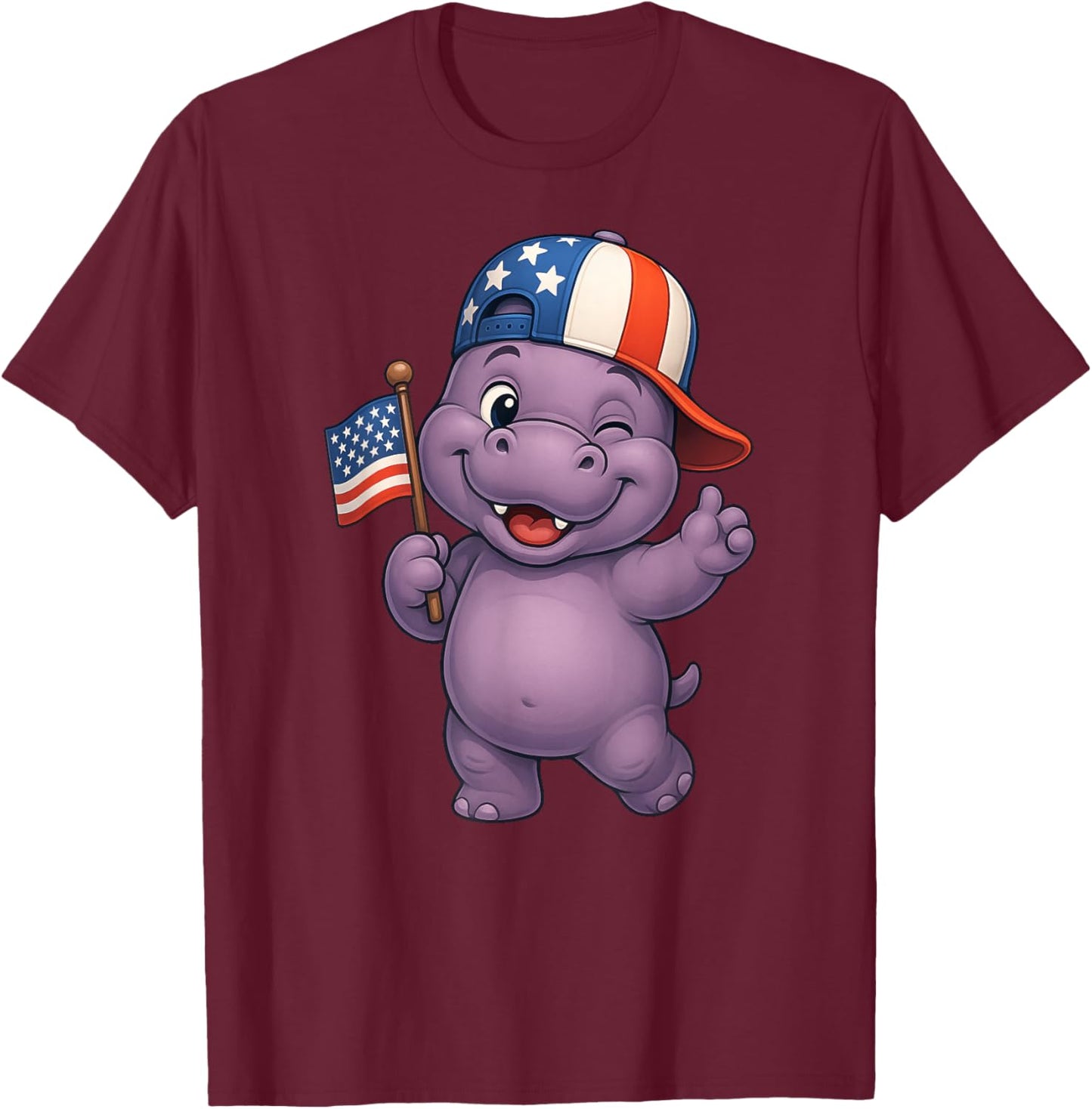Hippo USA Flag 4th July Independence Day Boys Girls Kids T-Shirt - T-Shirt | Maroon