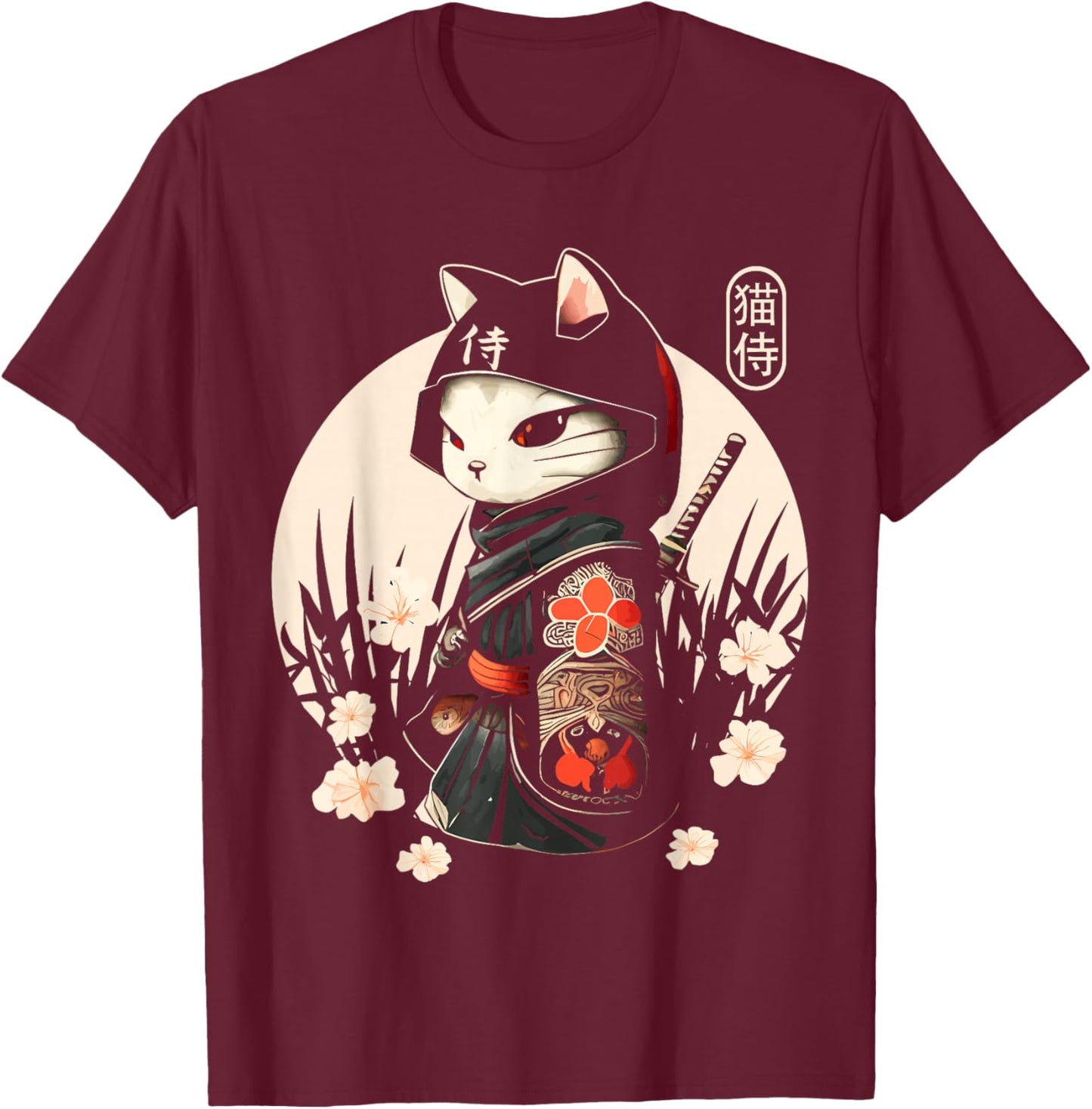 Japanese Samurai Cat Tattoo, Kawaii Ninja Cat T-Shirt - T-Shirt | Maroon