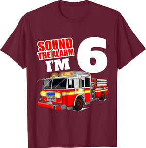 Kids Fire Truck 6th Birthday Boy Firefighter Six 6 Year Old T-Shirt - T-Shirt | Maroon