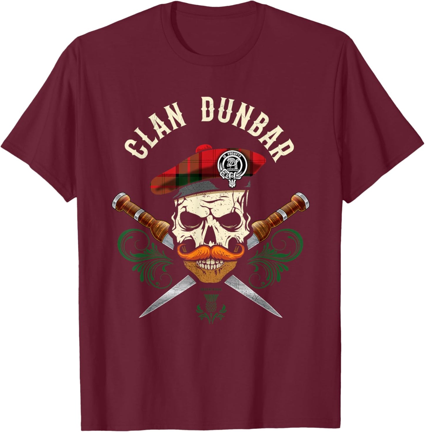 Scottish Clan Dunbar Surname Skull Dirks Tartan Badge T-Shirt - T-Shirt | Maroon