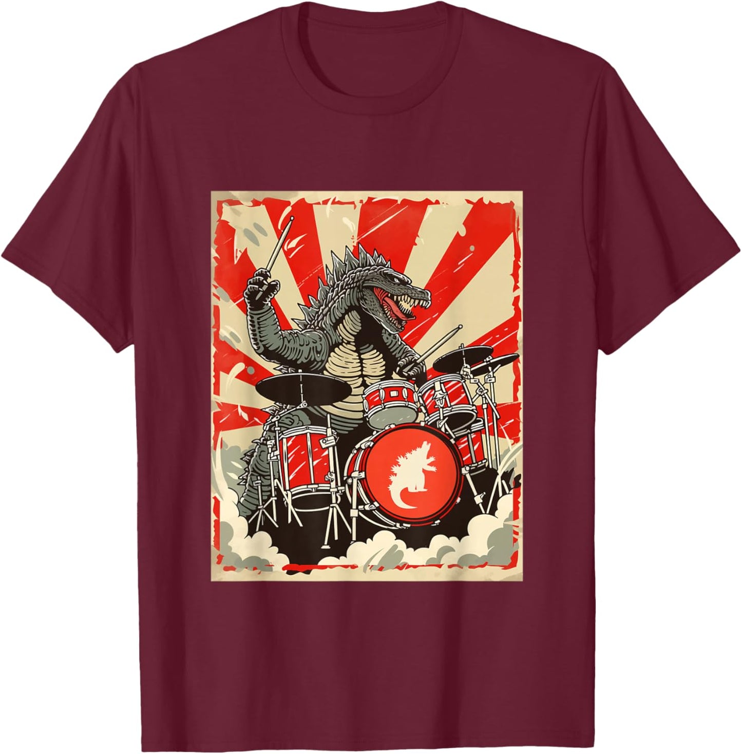 Japanese Monster Kaiju Smashing Drums Music T-Shirt - T-Shirt | Maroon