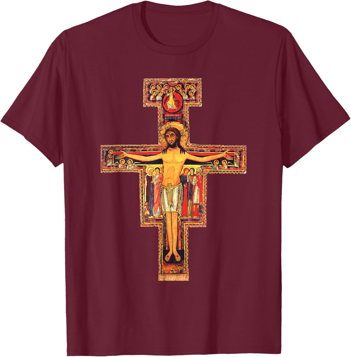San Damiano Catholic Saint Cross T-Shirt - T-Shirt | Maroon