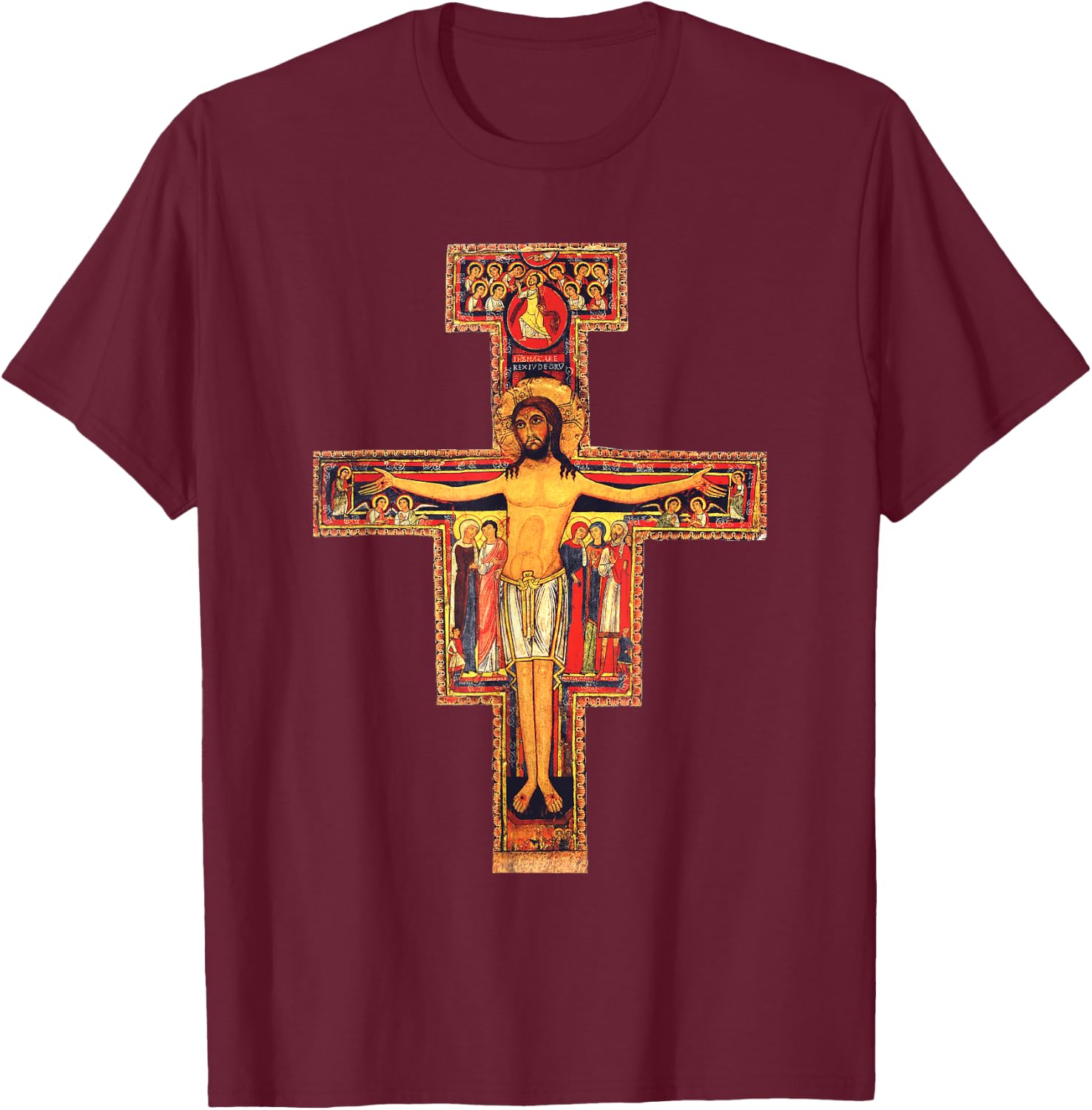 San Damiano Catholic Saint Cross T-Shirt - T-Shirt | Maroon