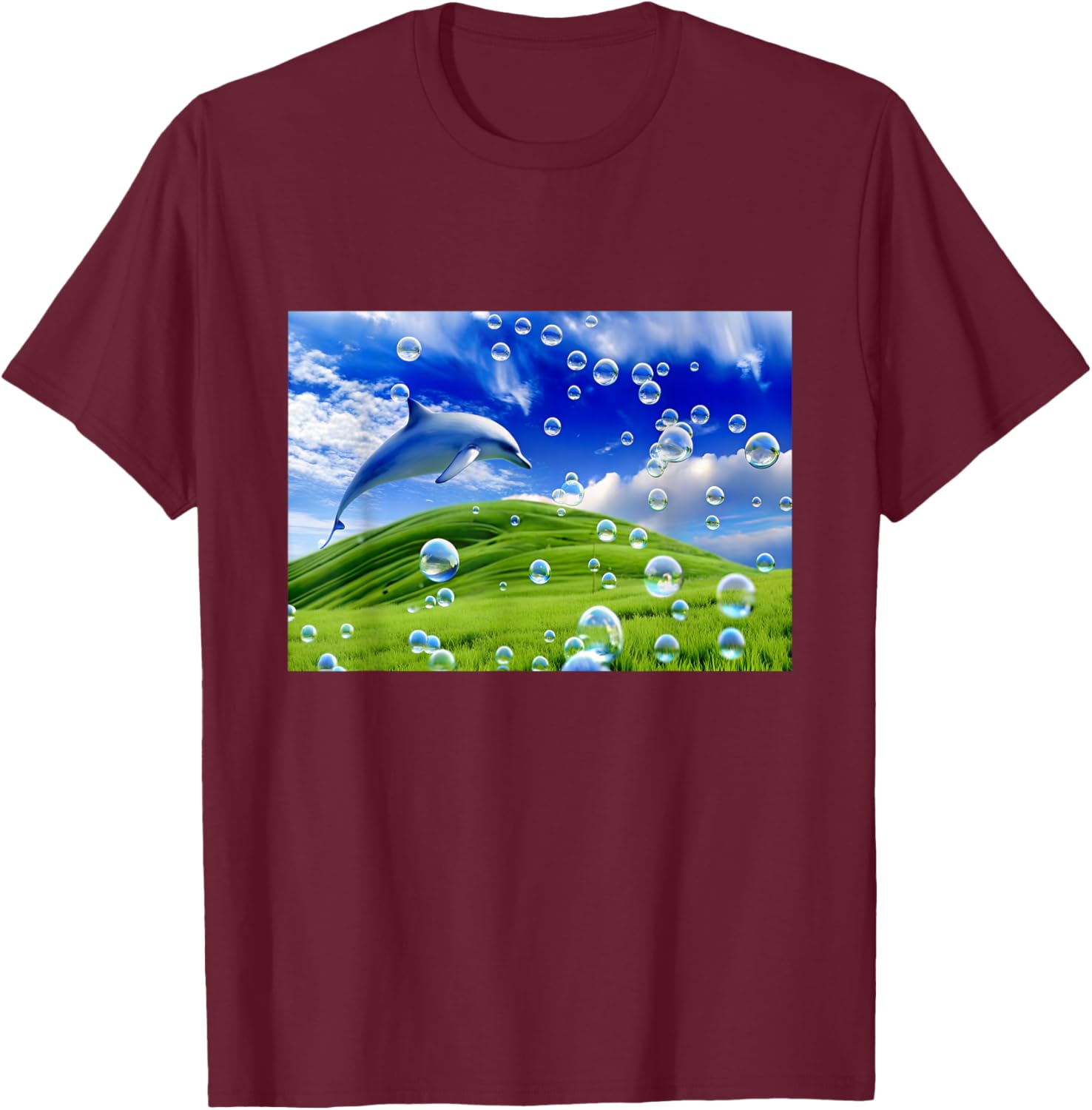 Frutiger Aero Dolphin Meadow Aesthetic y2k 2000s Ironic T-Shirt - T-Shirt | Maroon