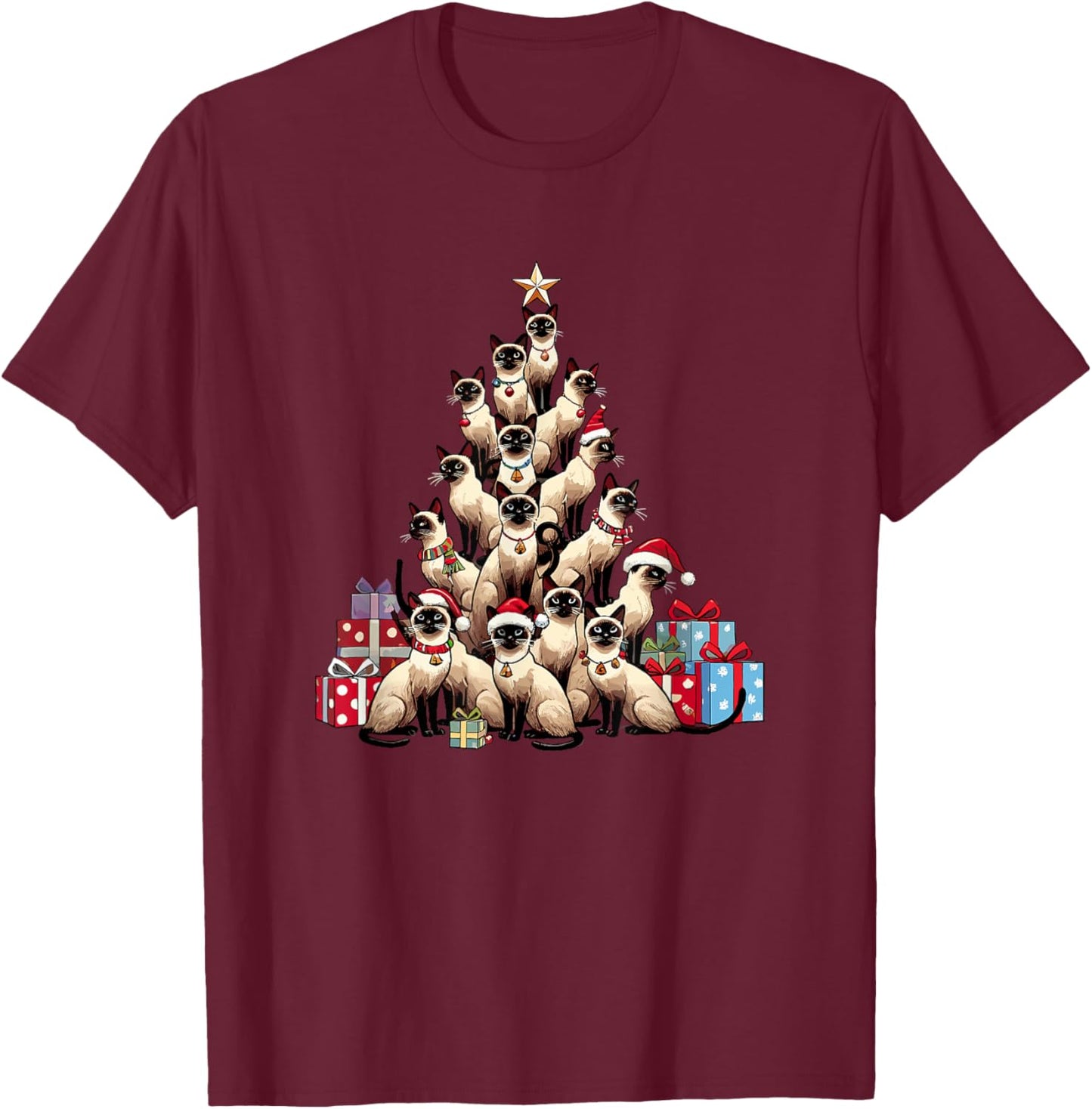Christmas Tree Siamese Cat Women Kids T-Shirt - T-Shirt | Maroon