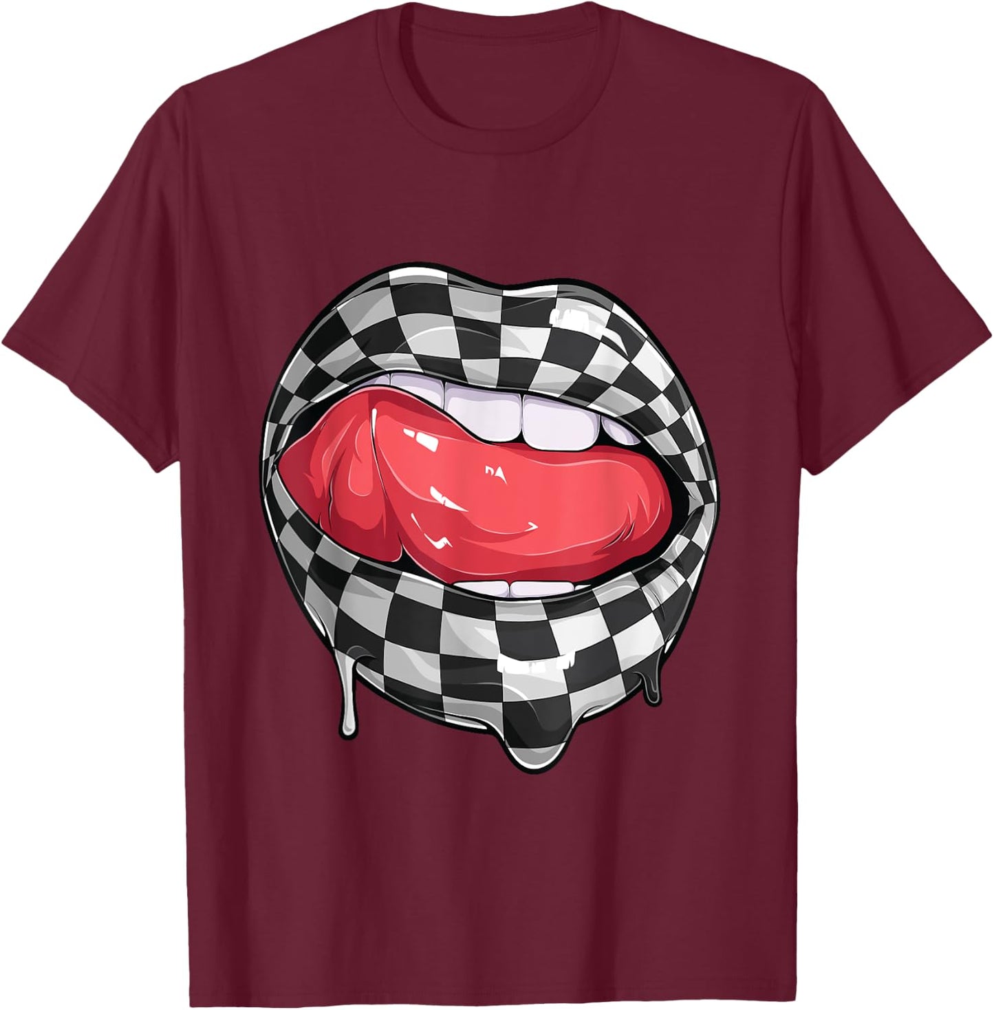 Funny Checkered Black White Lip Racer Race racing car Women T-Shirt - T-Shirt | Maroon