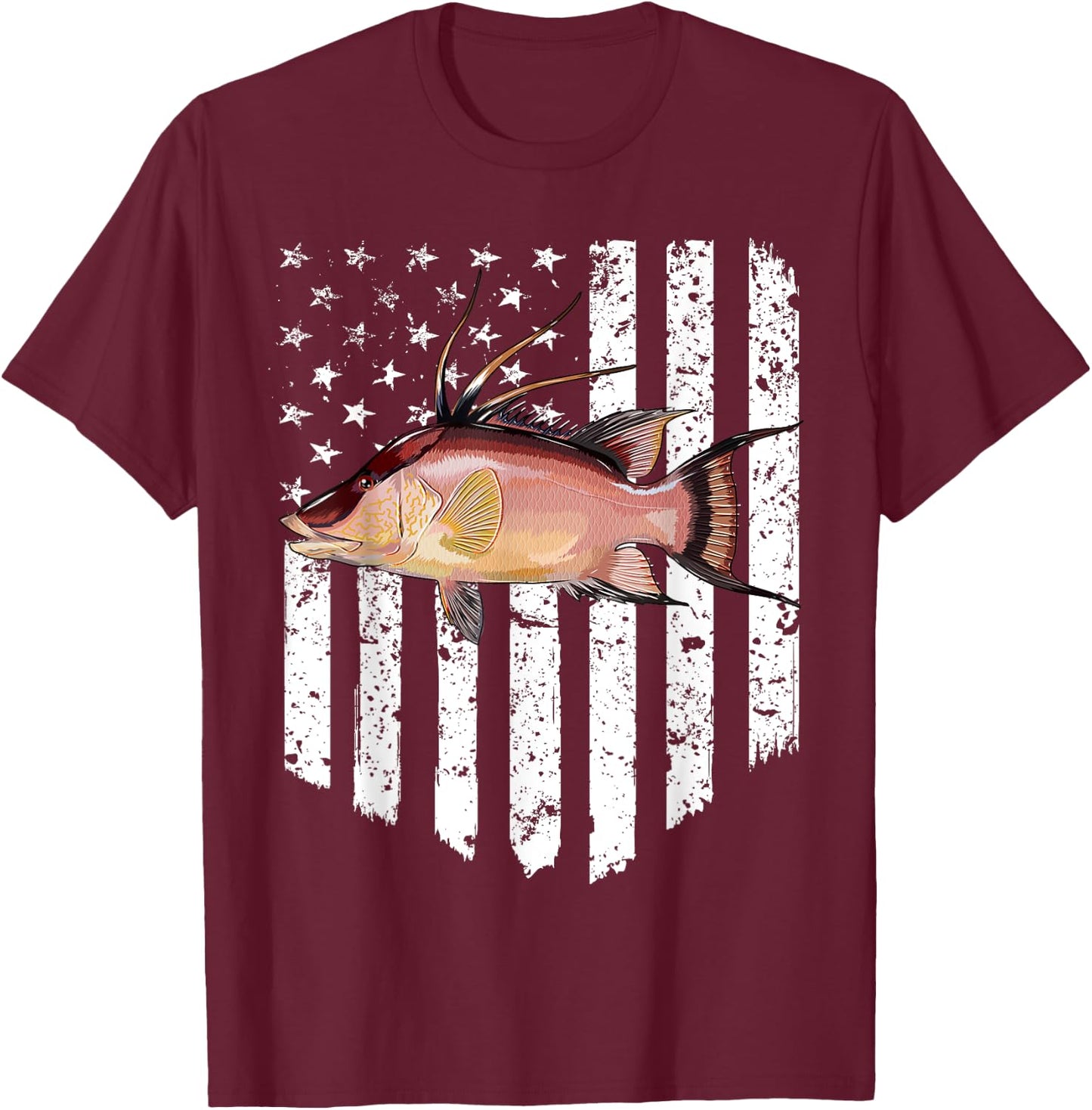 Black White American Flag Hogfish 4th Of July Fish Women Men T-Shirt - T-Shirt | Maroon