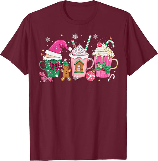 Coffee Christmas Gingerbread Pink Women Latte Cozy Winter T-Shirt - T-Shirt | Maroon