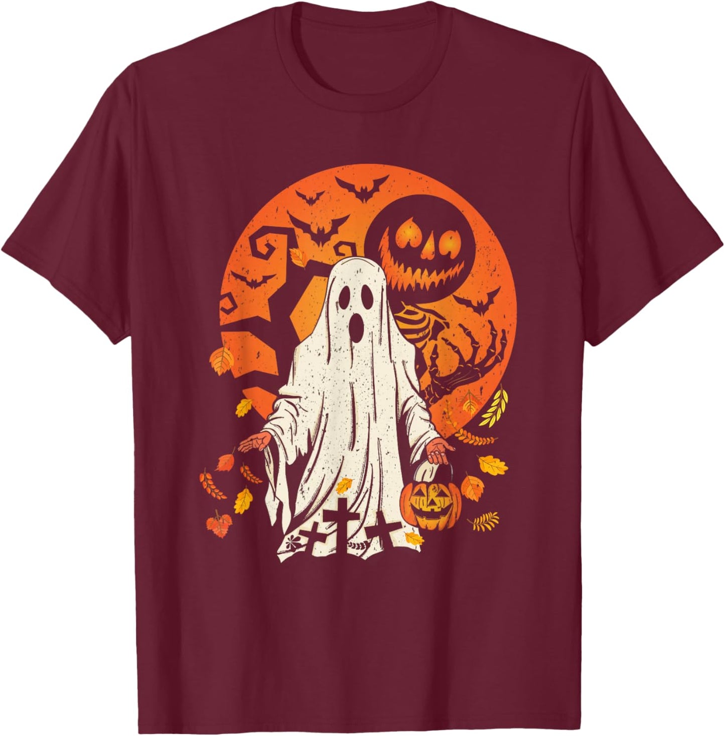 Cute Pumpkin Ghost And Autumn Leaves Halloween T-Shirt - T-Shirt | Maroon