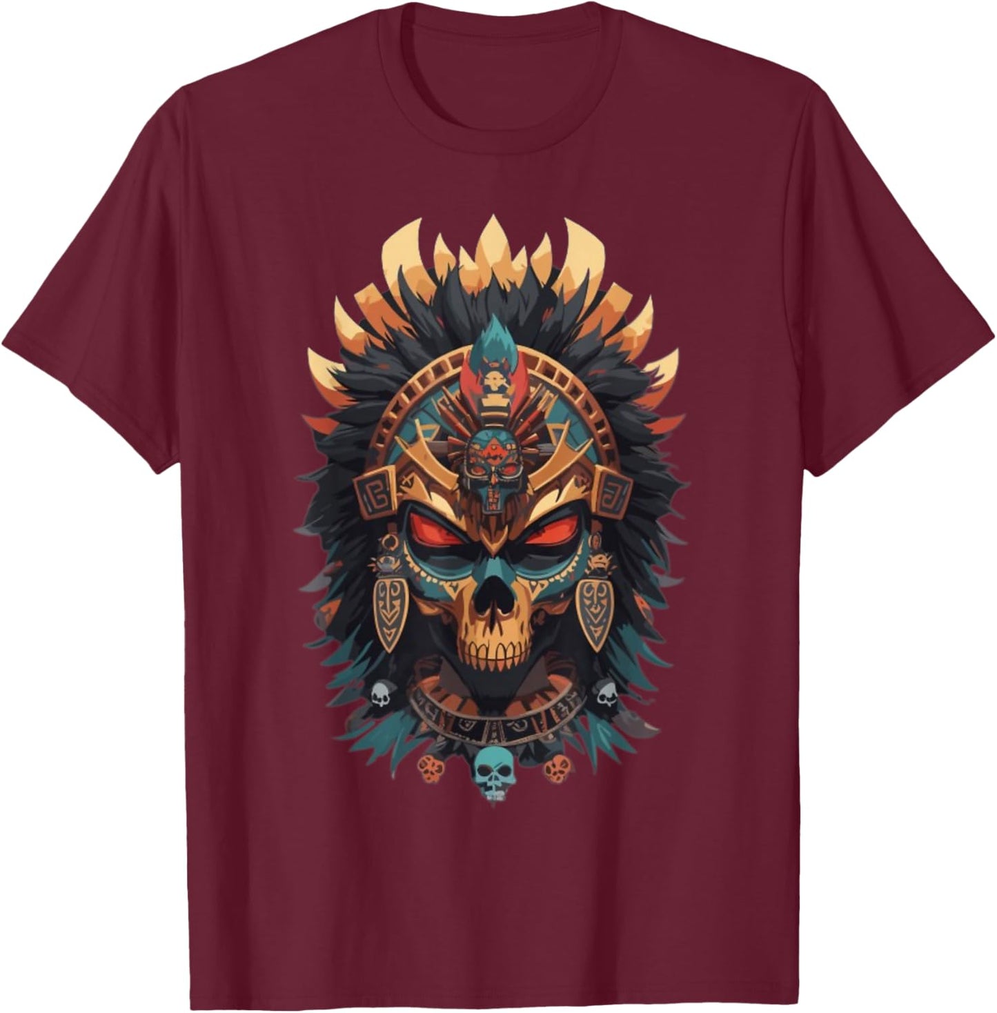 Ancient Aztec Skull King Shaman Mask Mexican Calavera Mayan T-Shirt - T-Shirt | Maroon