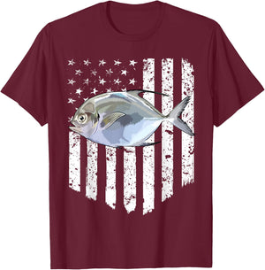 Black White American Flag Pompano 4th Of July Fish T-Shirt - T-Shirt | Maroon