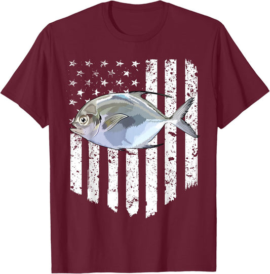 Black White American Flag Pompano 4th Of July Fish T-Shirt - T-Shirt | Maroon