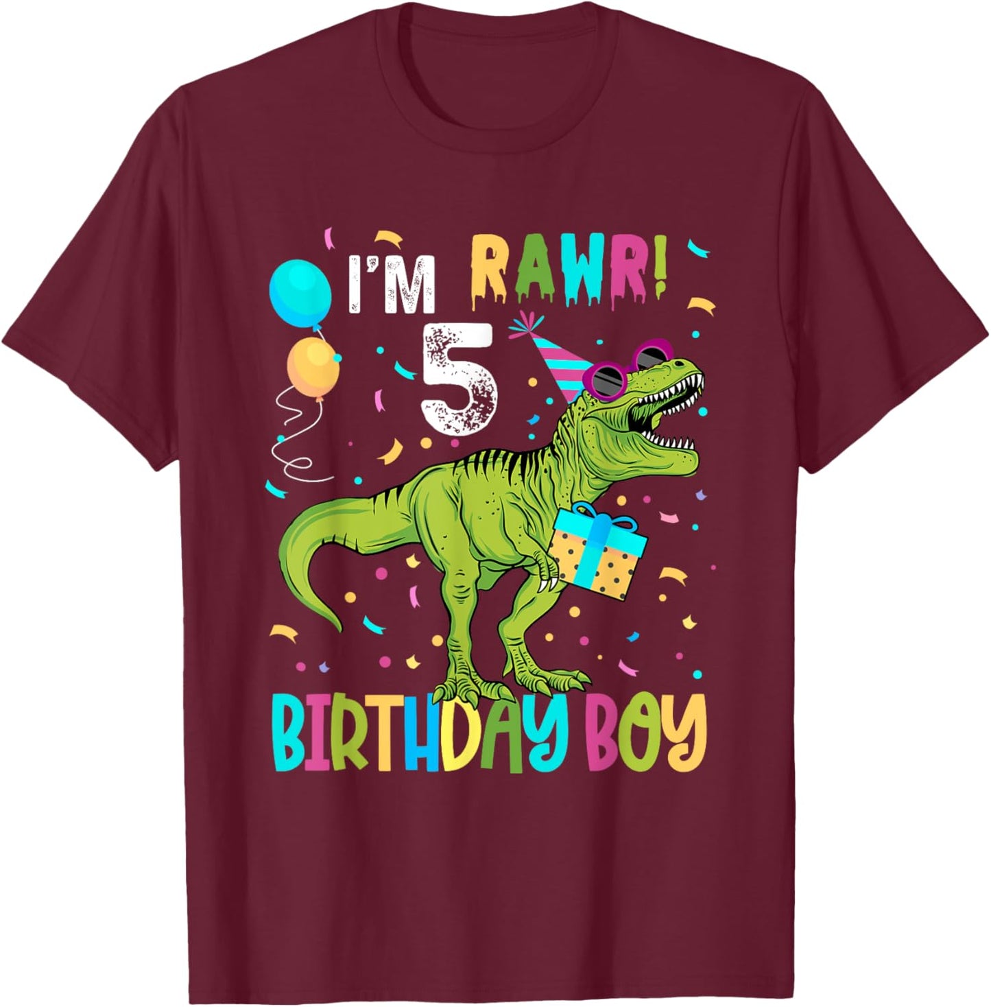 Birthday Boy 5 Years Old 5th Cute Rex Family Dinosaur Squad T-Shirt - T-Shirt | Maroon